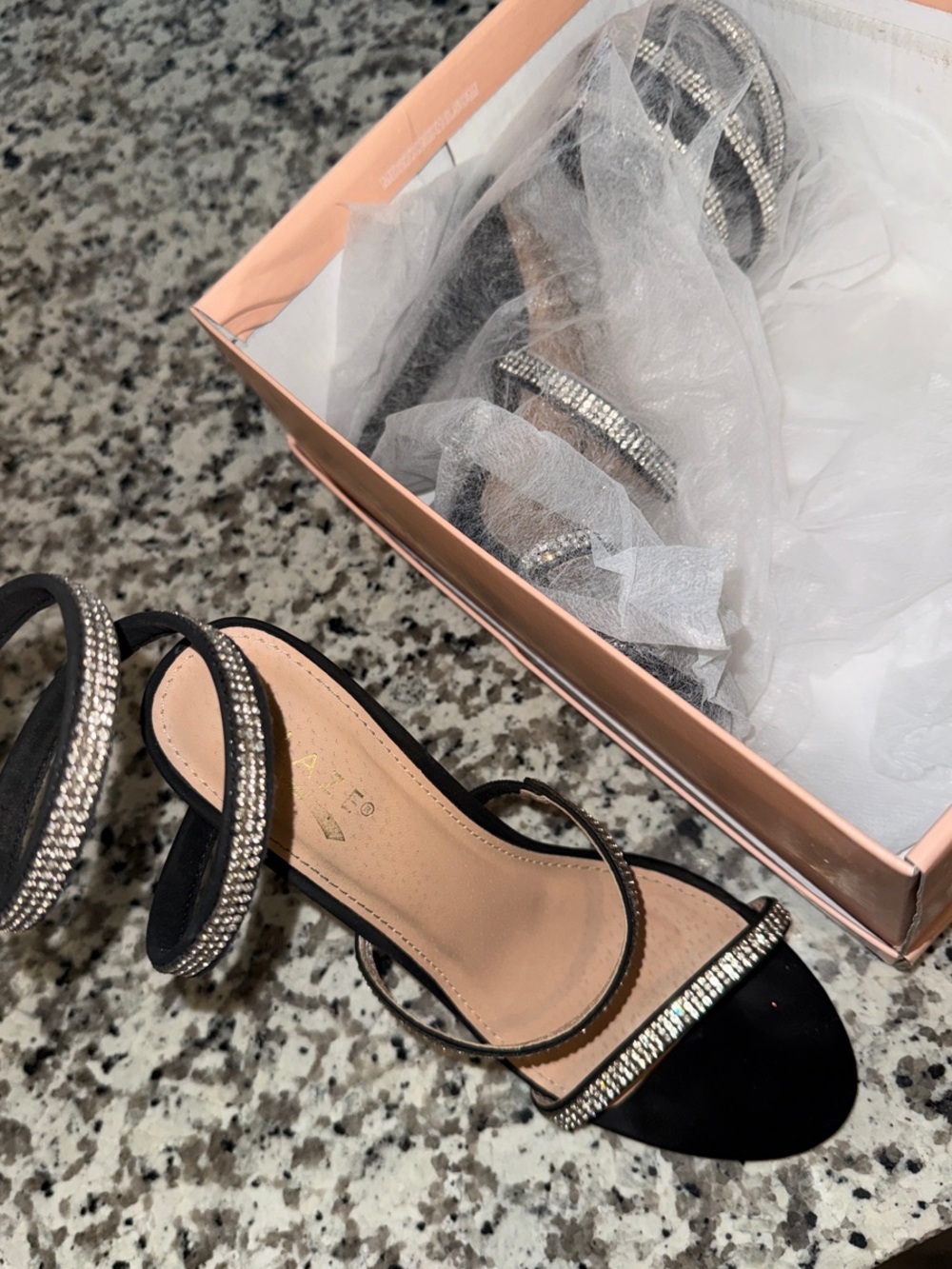 Glaze Black Spiral Rhinestone Strap Heels